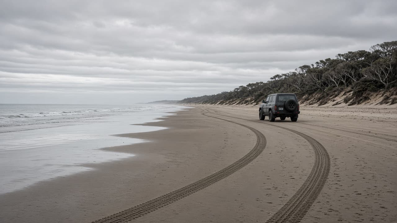 4×4 on wet hard-packed sand with long tyre tracks at low tide