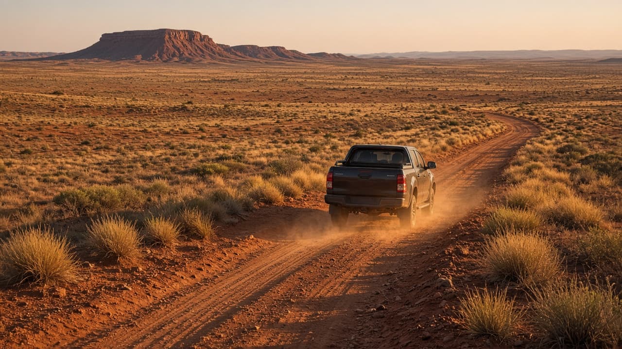 Corrugated red-dirt outback track with a dual-cab 4×4 in late-afternoon dust
