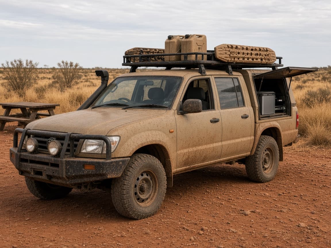 Touring 4×4 at a rest stop — write the email at a desk, post the track on the board